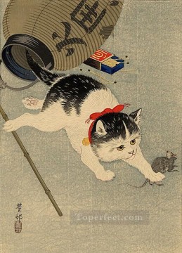 150の主題の芸術作品 Painting - ネズミを捕まえる猫 大原公孫子猫